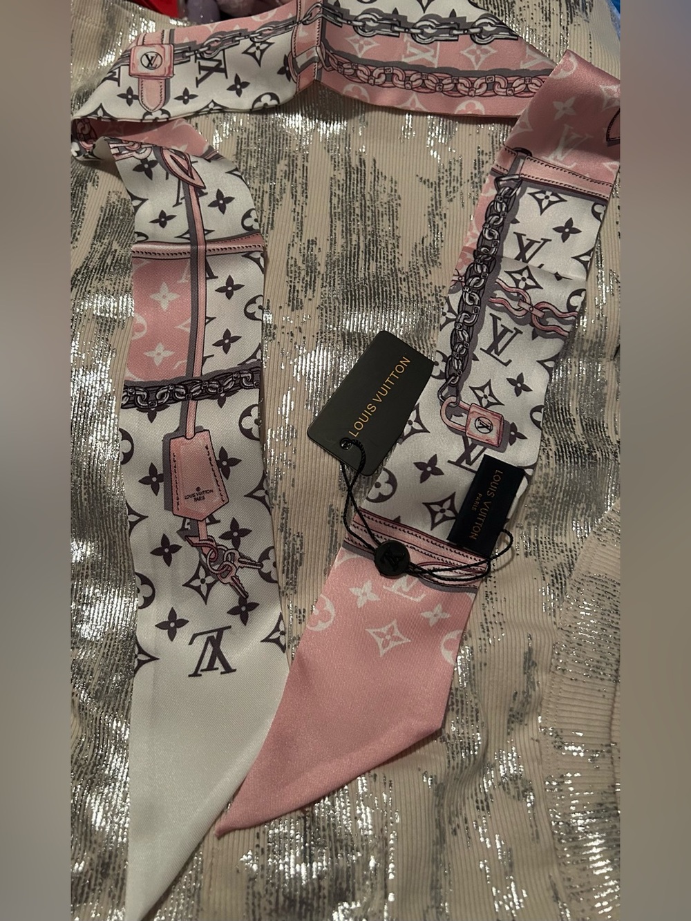 Louis Vuitton Pink & White Monogram 100% Silk Twilly with Chain Motif Stunning!